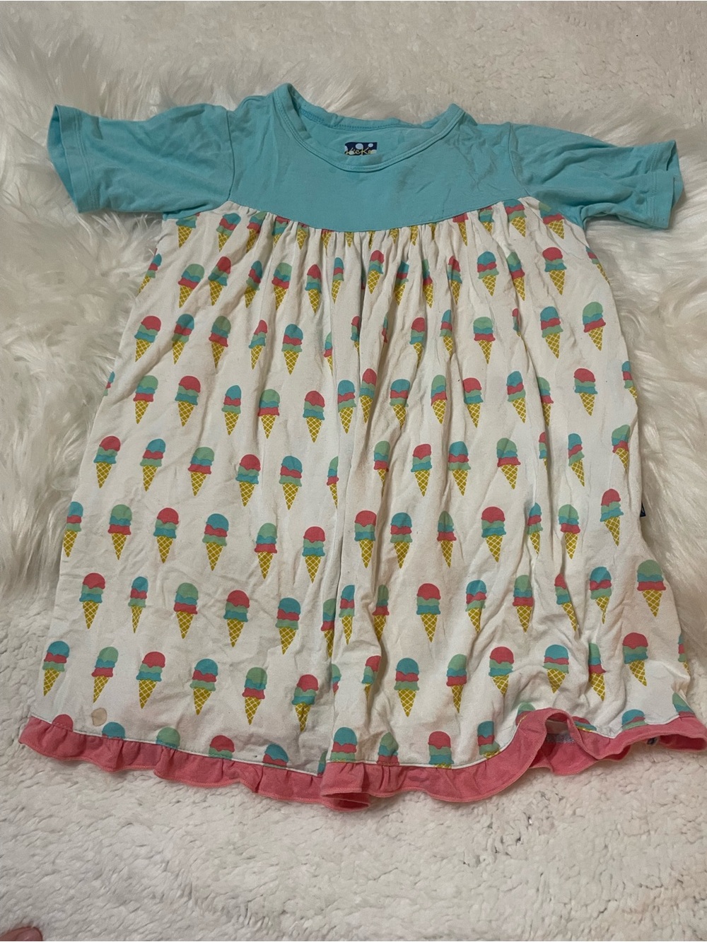 Kickee Pants Aqua and White Ice Cream Print Dress with Pink Trim sz 3 bamboo